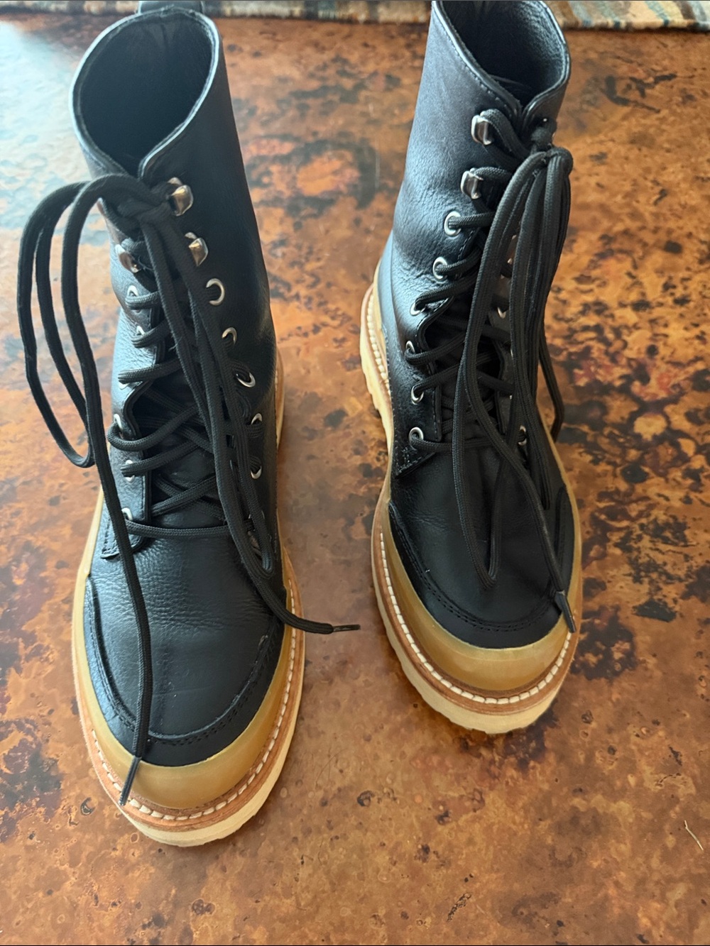 Ulla Johnson Etna Black Leather Lace-Up Platform Boots with Tan Sole